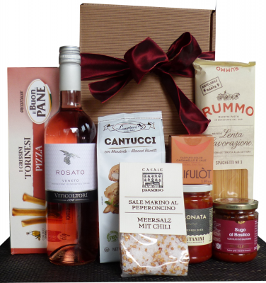 Italienischer, vegetarischer Geschenkkorb mit Rosé und Delikatessen
